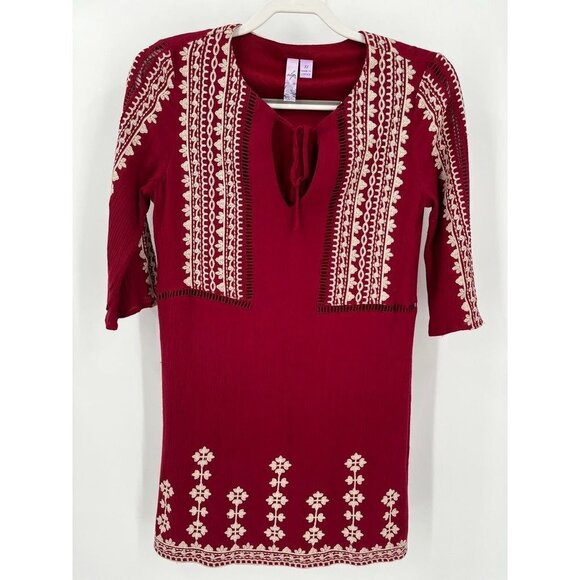 Alya Ladie's Red Embroidered Boho Mini Dress Half Sleeve Lined Size XS - Picture 1 of 11